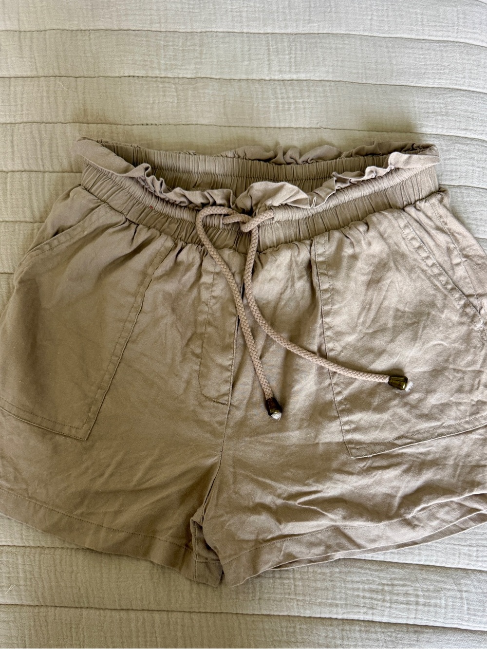 Another Love High-Waist Ruffle-Trim Shorts in Beige